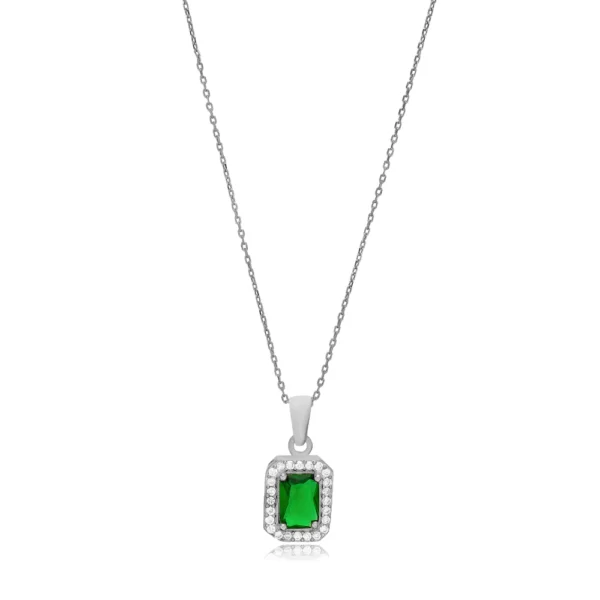 Classic AD Rectangle Emerald Cubic Zircon Stone Necklace Silver