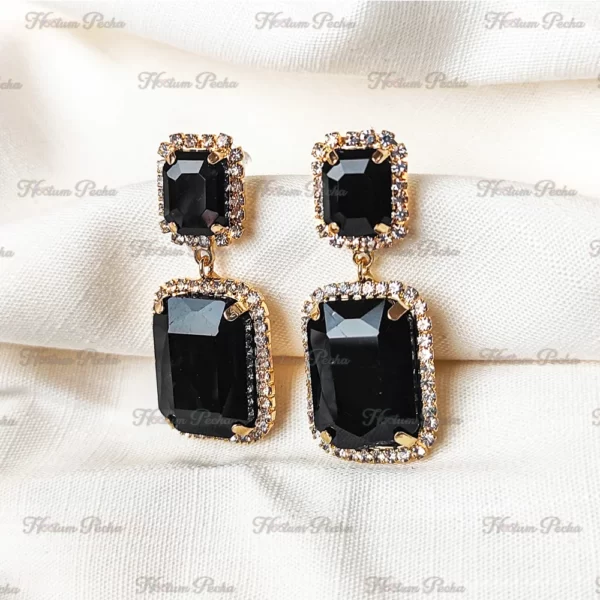 Square Drop Earrings Diamond Cut Crystal Black