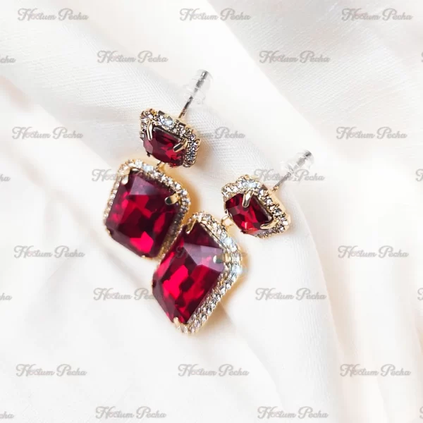 Square Drop Earrings Diamond Cut Crystal Red - Image 2