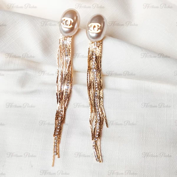 Korean Tassel Pearl Bridal Earrings Gold