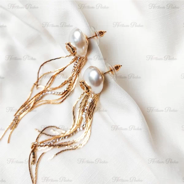 Korean Tassel Pearl Bridal Earrings Gold - Image 2