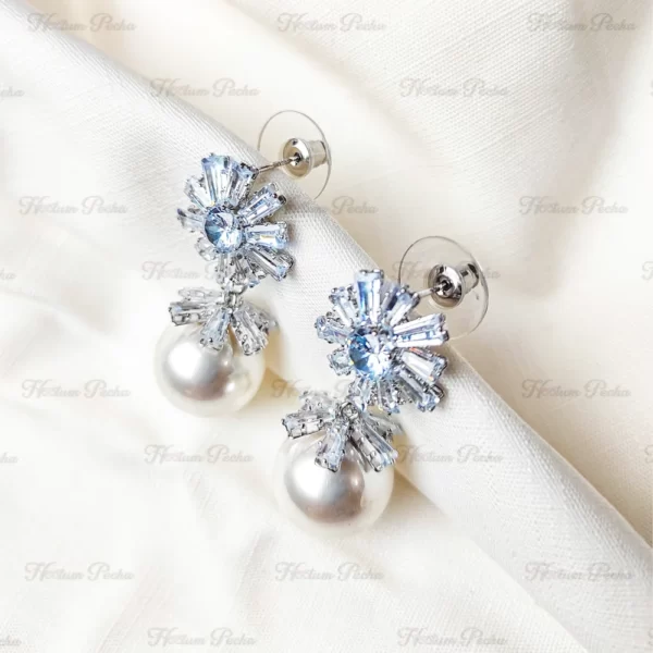 Korean Flower Statement pearl Earrings Silver - Image 2