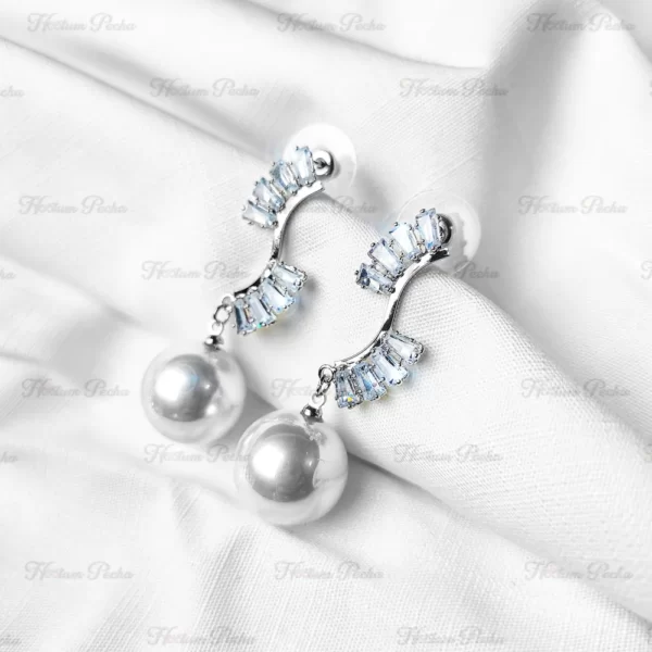 Korean Crystal Pearl Dangle Earrings Silver