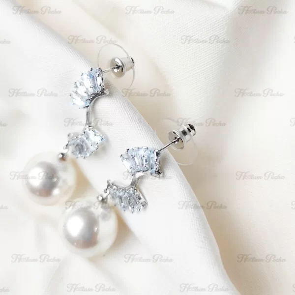 Korean Crystal Pearl Dangle Earrings Silver - Image 2