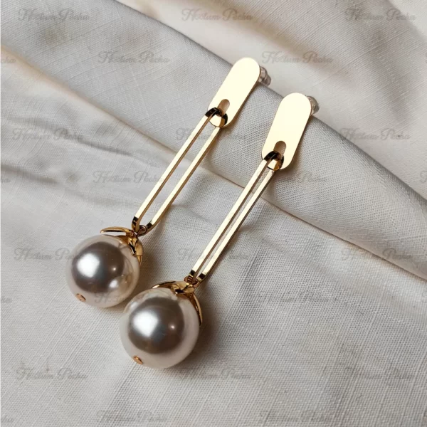 Metal Stick Pearl Hanging Dangle Earrings Gold