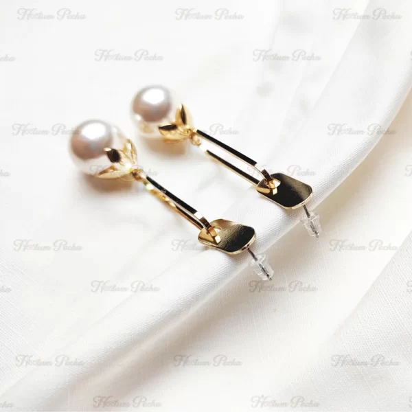 Metal Stick Pearl Hanging Dangle Earrings Gold - Image 2