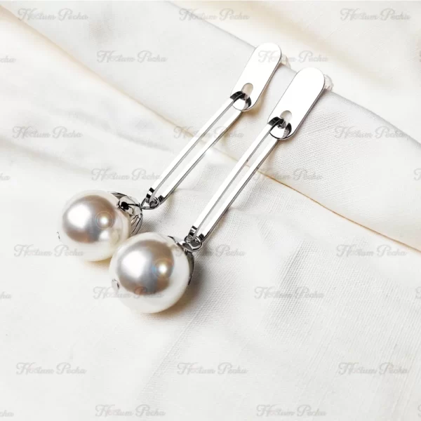 Metal Stick Pearl Hanging Dangle Earrings Silver