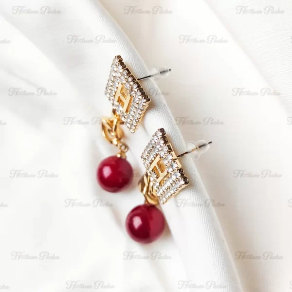 Red and Gold Chain Statement Dangle Earrings - Image 2