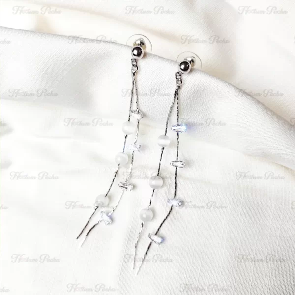 Dainty Baguette cut Long silver Earrings