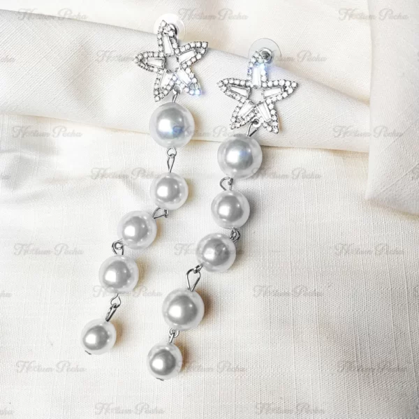 CZ Starfish Pearl Long Earrings Silver