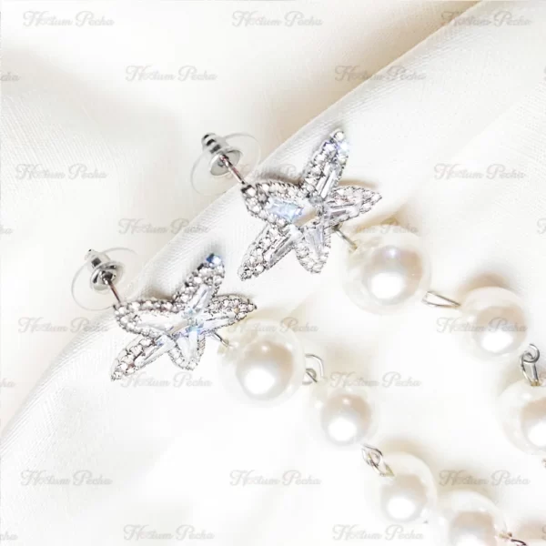 CZ Starfish Pearl Long Earrings Silver - Image 2