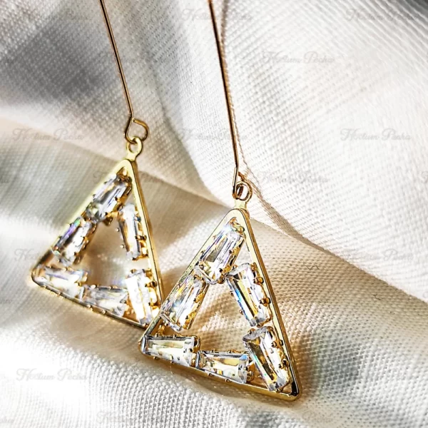 Korean Geometric Baguette Crystal Earrings Gold - Image 3