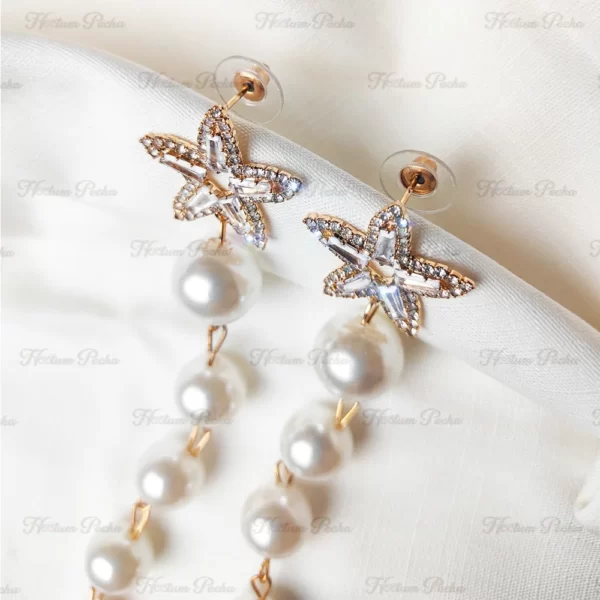 CZ Starfish Pearl Long Earrings Gold - Image 2