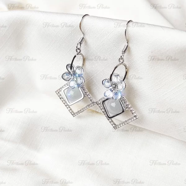 CZ Rhombus Petals Dangle Hook Earrings Silver