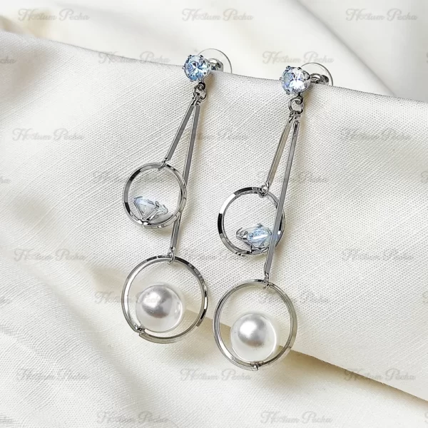 Korean AD Geometric Metal stick Pearl Earrings Silver