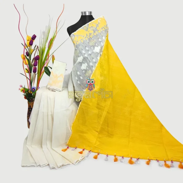 White Yellow Dhakai Jamdani